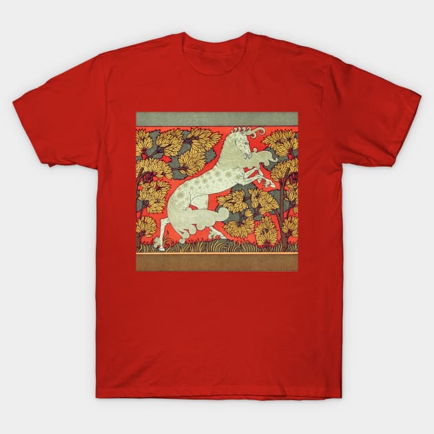 RAMPANT WHITE HORSE WITH TREES IN WOODLAND Art Nouveau Animals T-Shirt by BulganLumini